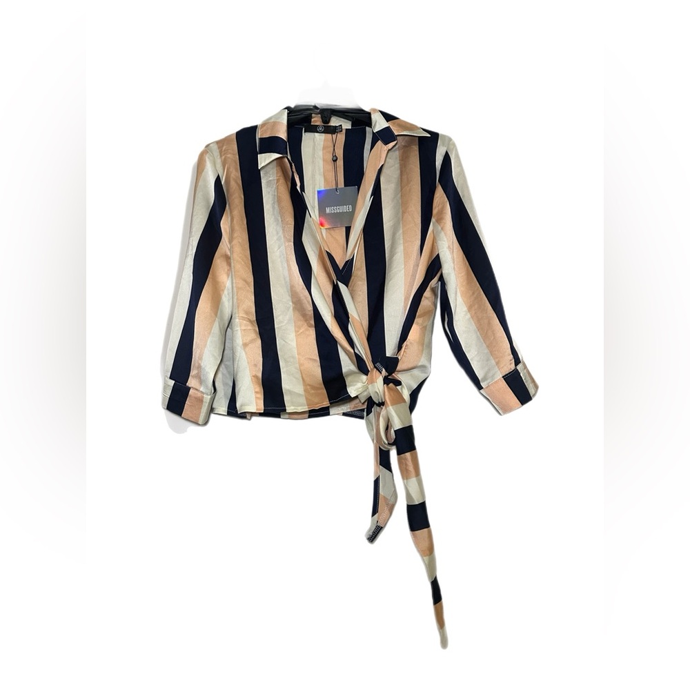 NWT Missguided Wrap Tie Side Stripe Blouse - Picture 4 of 8